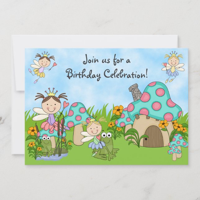 Cute Fairy Princesses and Frogs Birthday Party Invitation (Front)