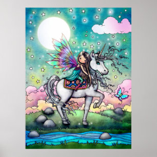 Cute Fairy riding Unicorn Art for Kids Whimsical Poster