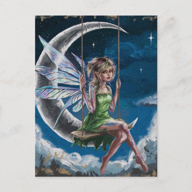 Cute Fairy Swinging in Front of the Moon Postcard (Front)