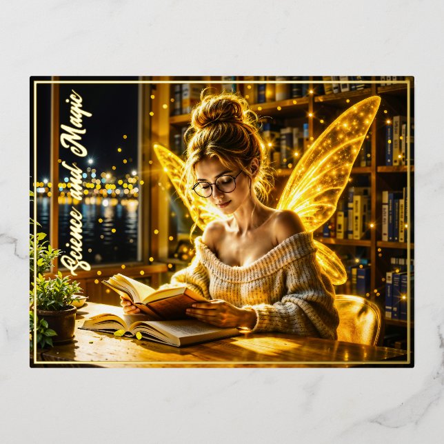 Cute fairy teen reading magical sparkles light foil holiday postcard (Front)
