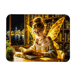 Cute fairy teen reading magical sparkles light magnet