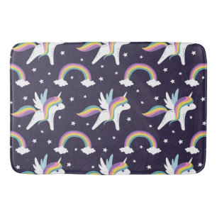 Cute Fairy Unicorn + rainbows blue background Bath Mat