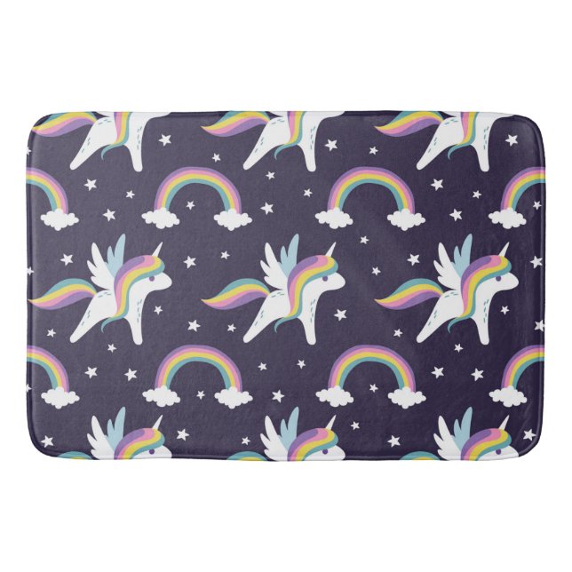 Cute Fairy Unicorn + rainbows blue background Bath Mat (Front)