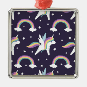 Cute Fairy Unicorn + rainbows blue background Metal Ornament