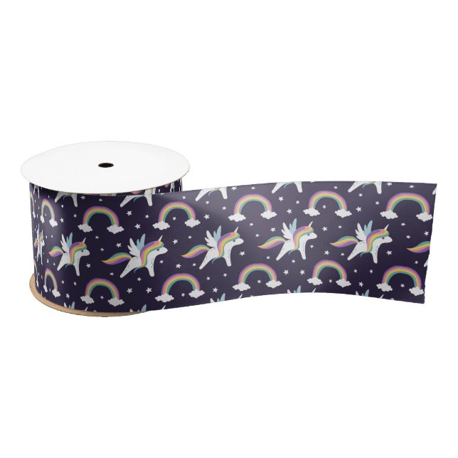 Cute Fairy Unicorn + rainbows blue background Satin Ribbon (Spool)