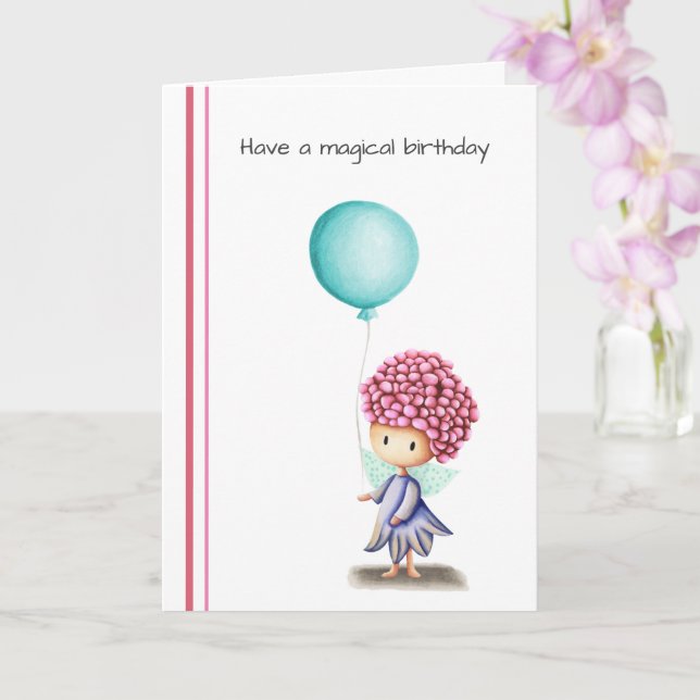 Cute Fairy with Balloon Personalised Birthday Card (Orchid)