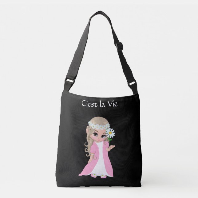 Cute Fairy with Flowers on Black Crossbody Bag (Front)