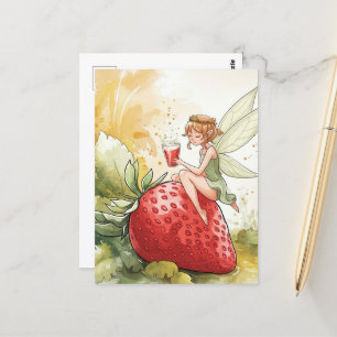 Cute Fairy With Glass of Strawberry Punch Fantasy Postcard