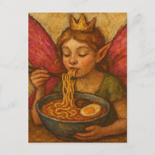 Cute Fairy with Pink Wings Eating Ramen Postcard (Front)