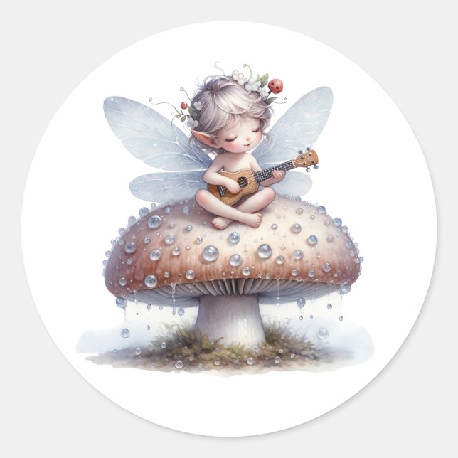 Cute Fairy with Viola on Mushroom Birthday Classic Round Sticker (Front)