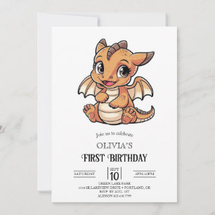 Cute Fairytale Digital Dragon 1st Birthday Invitation