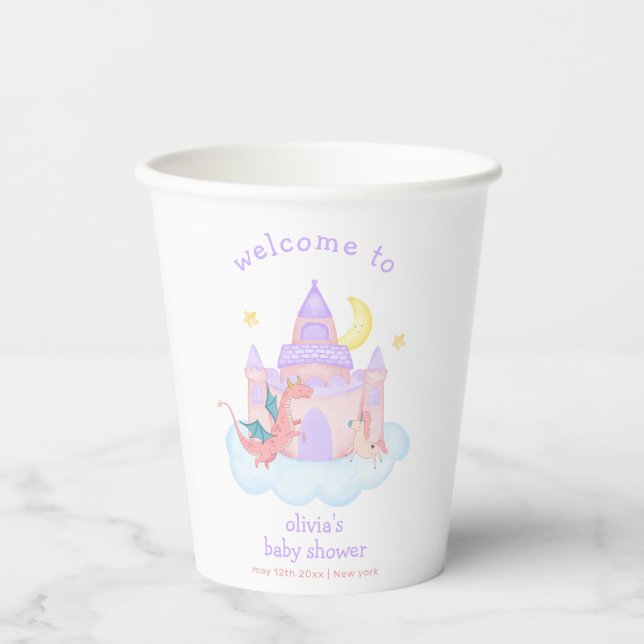 Cute Fairytale Dragon Unicorn Baby Shower Welcome  Paper Cups (Front)