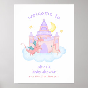 Cute Fairytale Dragon Unicorn Baby Shower Welcome Poster