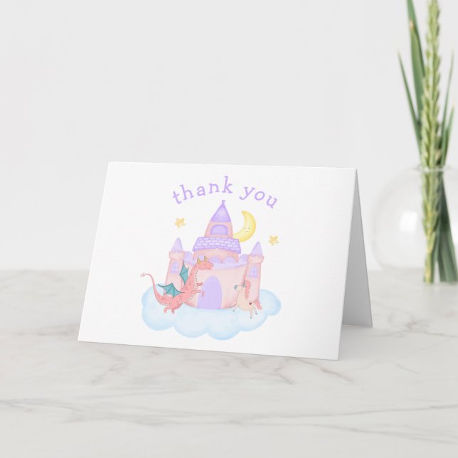 Cute Fairytale Dragon Unicorn Castle Baby Shower Thank You Card (Front)