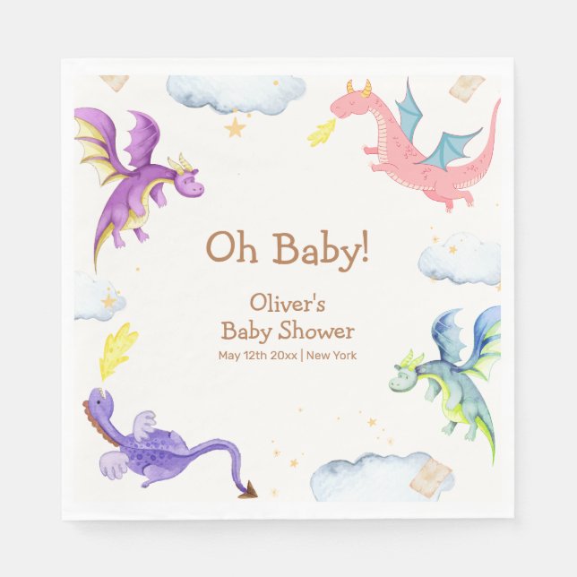 Cute Fairytale Magic Dragon Baby Shower  Napkin (Front)
