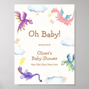 Cute Fairytale Magic Dragon Baby Shower Welcome Poster
