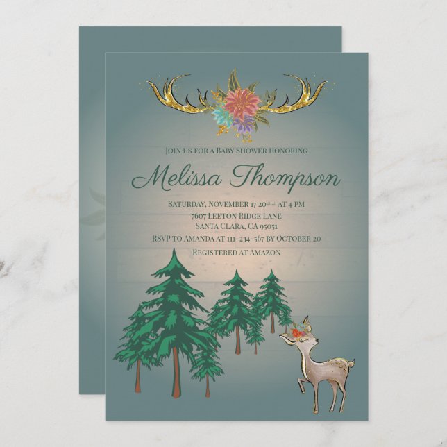Cute Fairytale Woodland Deer Animals Baby Shower  Invitation (Front/Back)