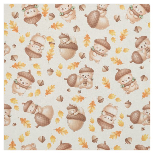 Cute Fall Acorn Bear Seamless Pattern Fabric (Swatch)