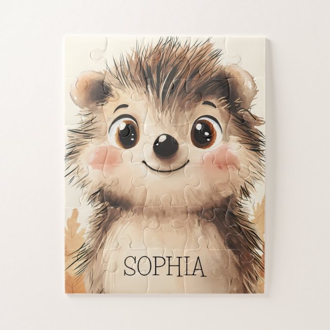 Cute Fall Animal Hedgehog Personalised Name Kids Jigsaw Puzzle (Vertical)