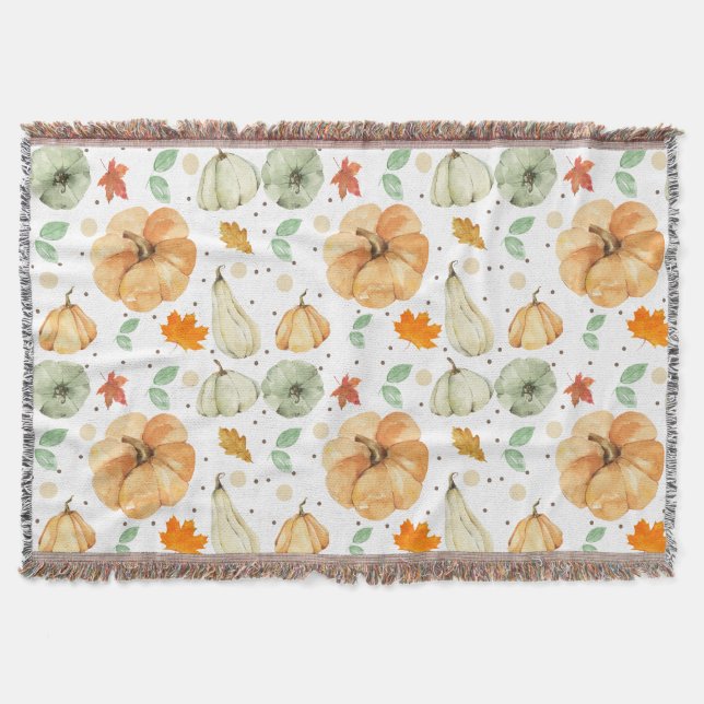 Cute Fall Autumn Pumpkin Leaves Thanksgiving Throw Blanket (Front)