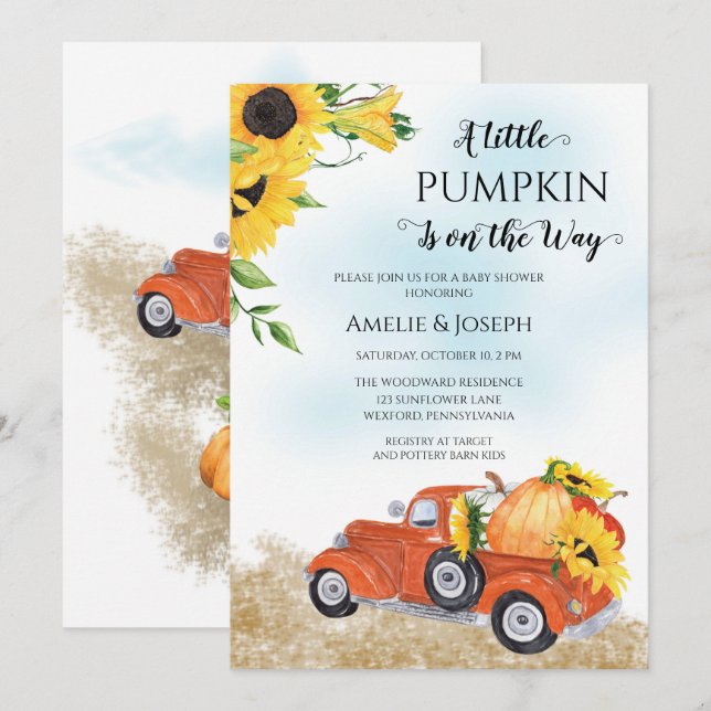 Cute Fall | Autumn Pumpkin | Truck Baby Shower Invitation (Front/Back)