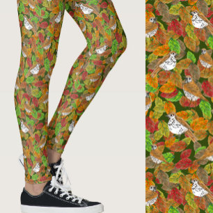 Cute fall colours leaves birds seasonal patterned leggings