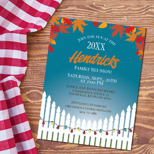 Cute Fall Family Reunion picket fence decorated Postcard