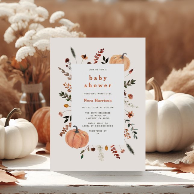 Cute Fall Floral Frame Pumpkin Baby Shower Invitation (Creator Uploaded)