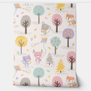 Cute Fall Forest animals with kites and trees Wallpaper