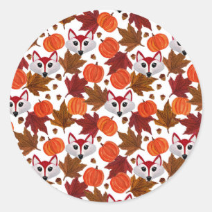 Cute Fall Fox Pumpkin Acorn Maple Leaf Watercolor Classic Round Sticker