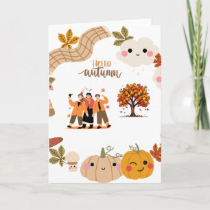 Cute Fall Friends and Happy Pumpkins Hello Autumn Card