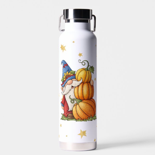 Cute Fall Gnome & Stacked Pumpkins Coffee Water Bottle (Front)