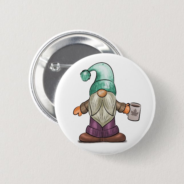 Cute Fall Gnome with Coffee Mug 6 Cm Round Badge (Front & Back)