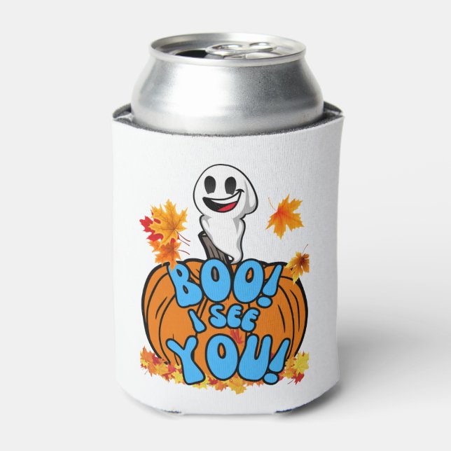 Cute Fall Halloween ghost Boo! I see You! Sticker Can Cooler (Can Front)