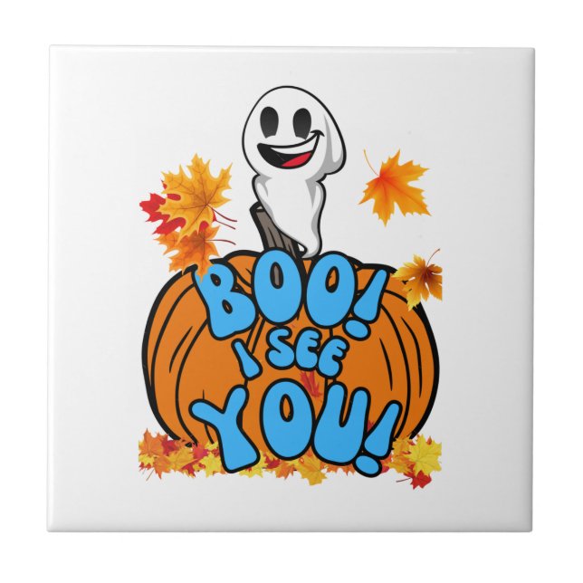 Cute Fall Halloween ghost Boo! I see You! Sticker Ceramic Tile (Front)