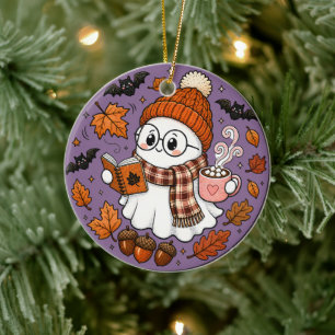 Cute Fall Halloween Ghost with Hot Cocoa Ceramic Ornament
