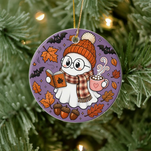 Cute Fall Halloween Ghost with Hot Cocoa Ceramic Ornament (Tree)