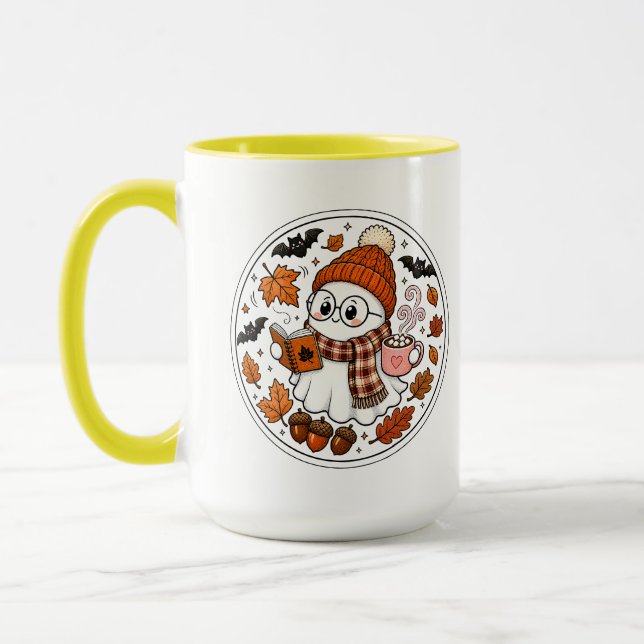 Cute Fall Halloween Ghost with Hot Cocoa Mug (Left)