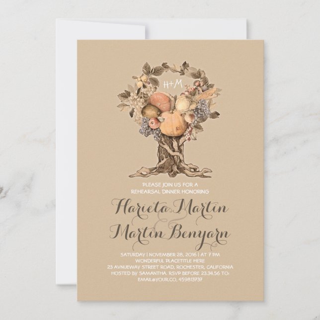 cute fall harvest tree rehearsal dinner invitation (Front)