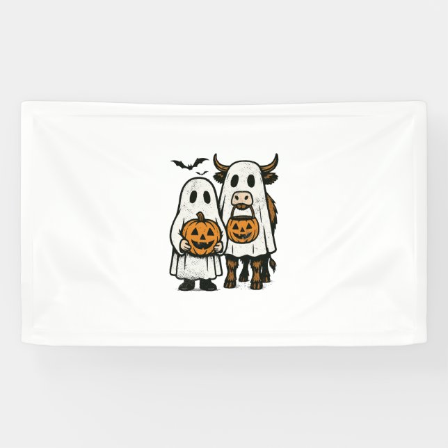 Cute Fall Highland Cow Ghost Halloween 2 Banner (Horizontal)