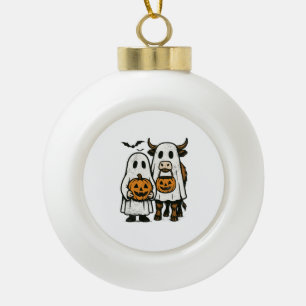 Cute Fall Highland Cow Ghost Halloween 2 Ceramic Ball Christmas Ornament