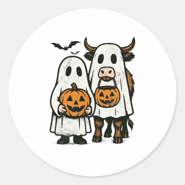 Cute Fall Highland Cow Ghost Halloween 2 Classic Round Sticker (Front)