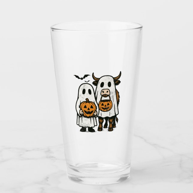 Cute Fall Highland Cow Ghost Halloween 2 Glass (Front)