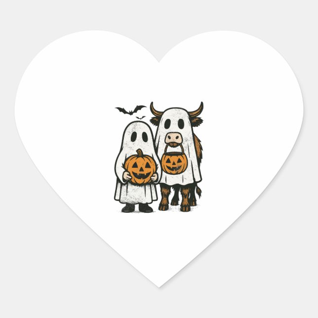 Cute Fall Highland Cow Ghost Halloween 2 Heart Sticker (Front)