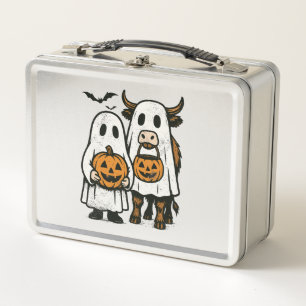Cute Fall Highland Cow Ghost Halloween 2 Metal Lunch Box