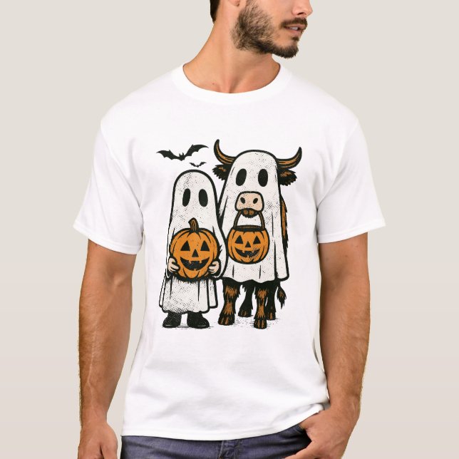 Cute Fall Highland Cow Ghost Halloween 2 T-Shirt (Front)