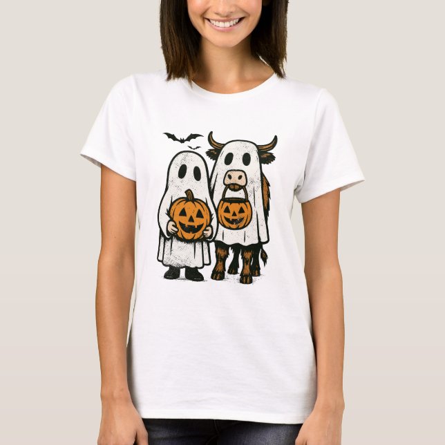Cute Fall Highland Cow Ghost Halloween 2 T-Shirt (Front)