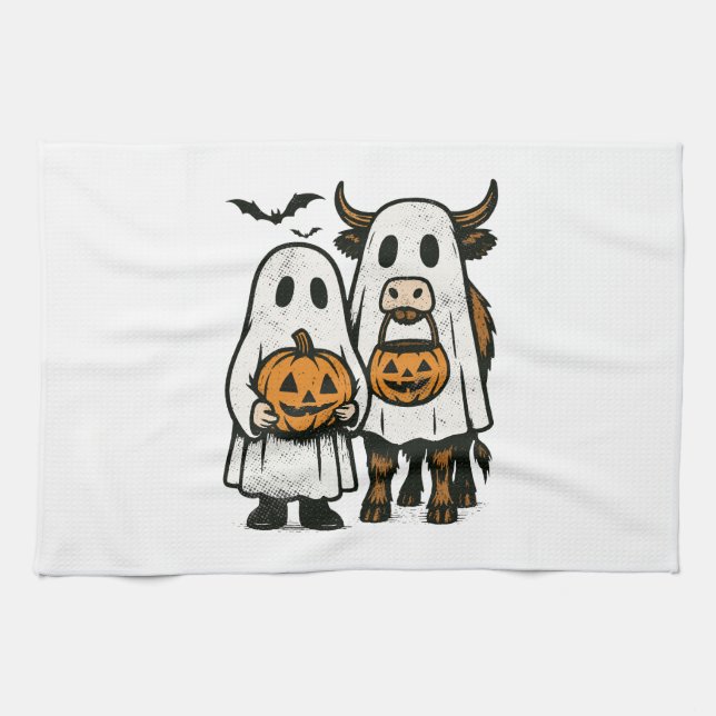 Cute Fall Highland Cow Ghost Halloween 2 Tea Towel (Horizontal)
