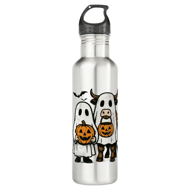 Cute Fall Highland Cow Ghost Halloween 710 Ml Water Bottle (Front)
