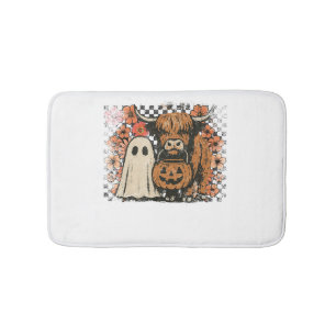 Cute Fall Highland Cow Ghost Halloween Bath Mat